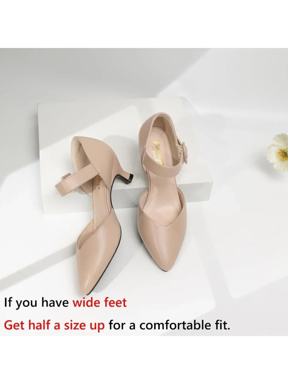 Women's Nude Closed Pointed Toe Ankle Strap Buckle Heels Slip on Low Heel Shoes